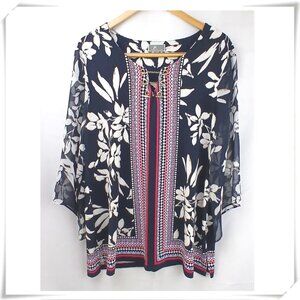 JM Collection Dark Blue White Pink  3/4 Sleeves Jersey Blouse Tunic Top EUC